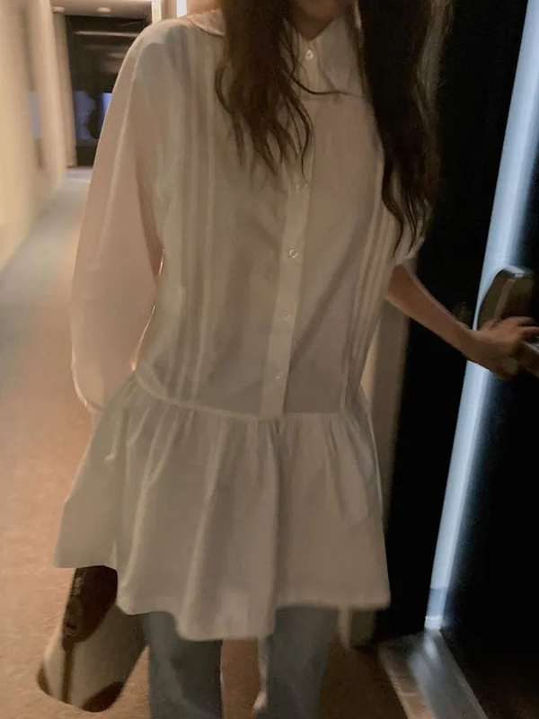 A-Line Long Sleeves Buttoned Pleated Solid Color Lapel Mini Dresses Shirt Dress