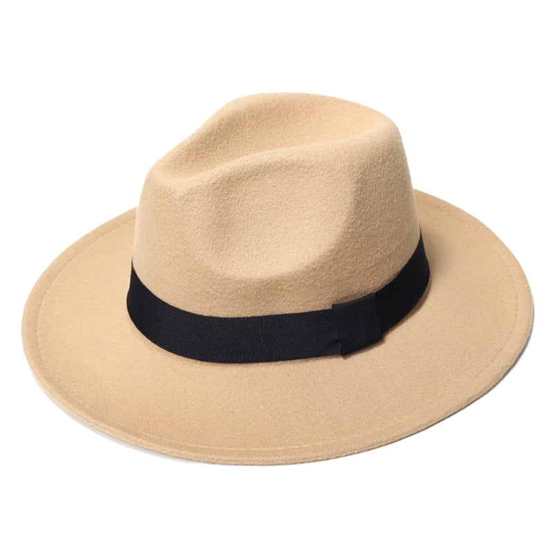 Autumn And Winter New Square Ribbon Panama Top Hat British Style Flat Rim Jazz Hat Woolen Hat Men