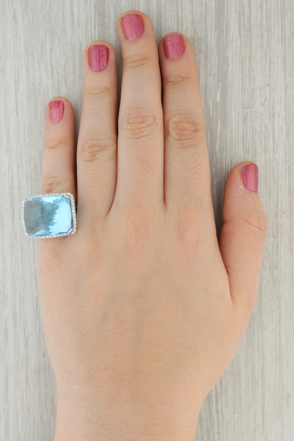 37.47ctw Blue Topaz Diamond Halo Ring 18k White Gold Size 6.5 Cocktail