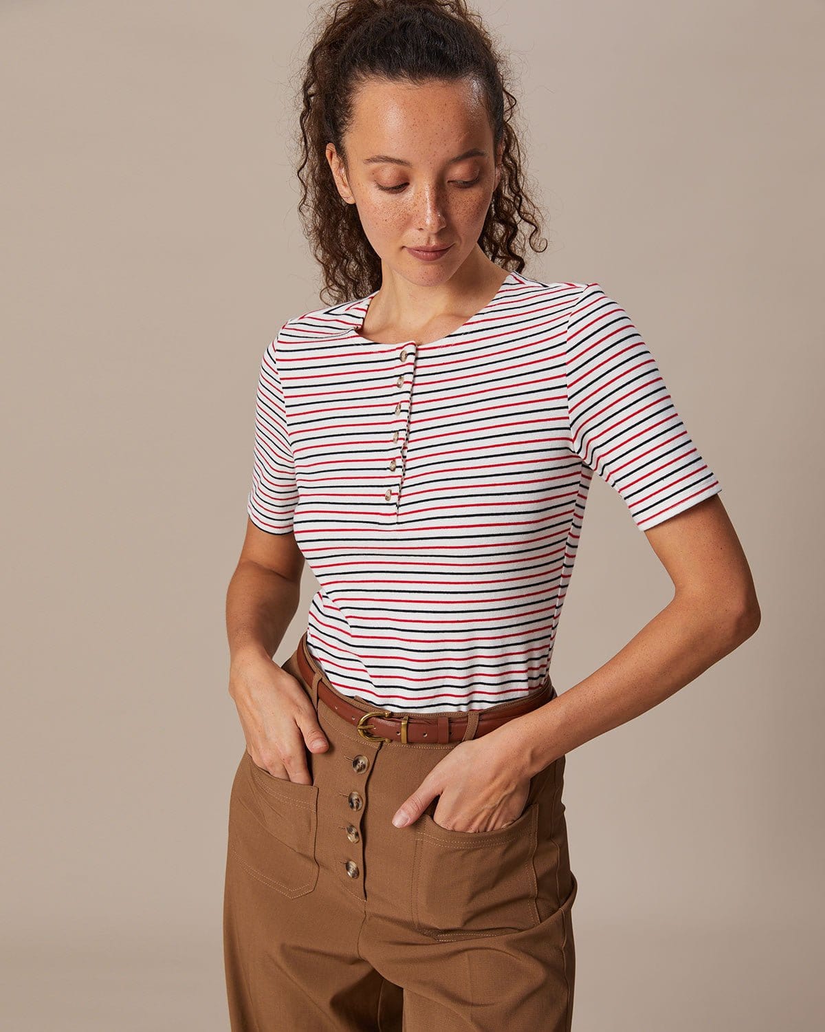 The Red Round Neck Button Striped Tee