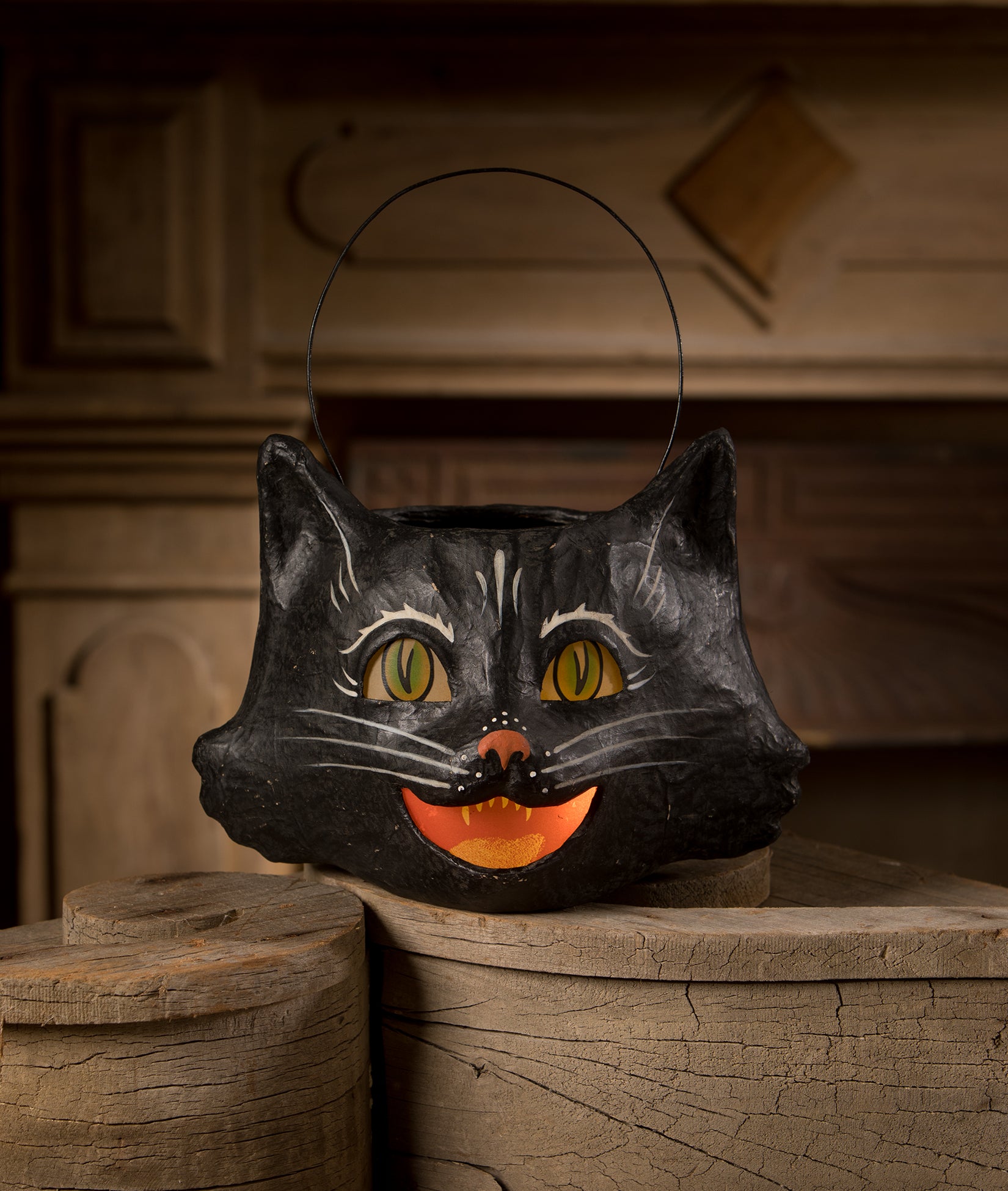 Amusing Black Cat Bucket. Paper Mache