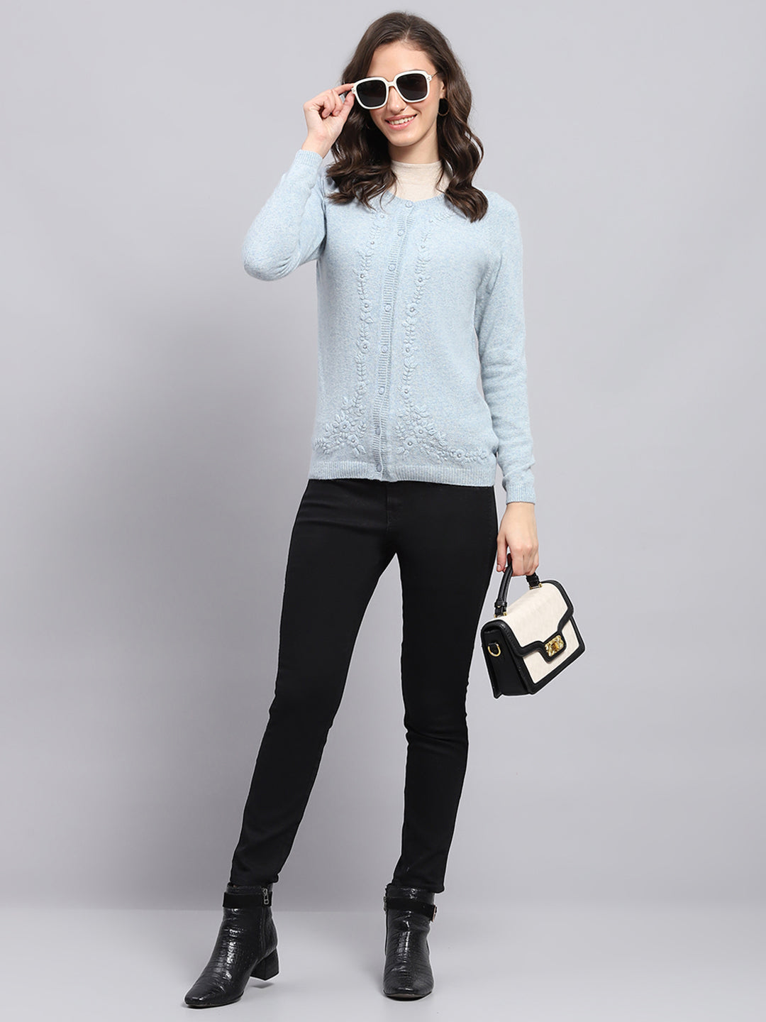 Women Sky Blue Solid Round Neck Full Sleeve Cardigan