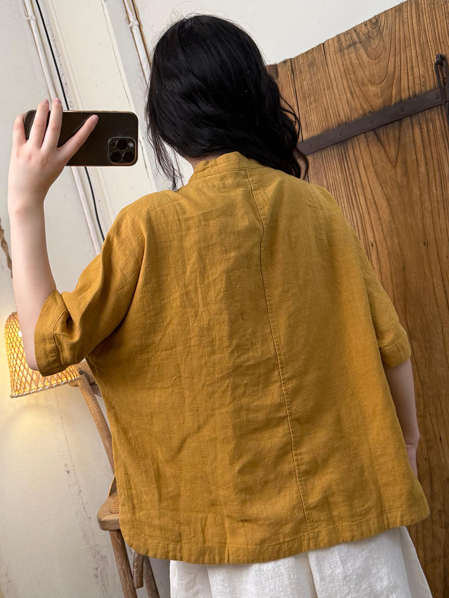 Women Summer Ethnic Pure Color Stand Collar Linen Shirt