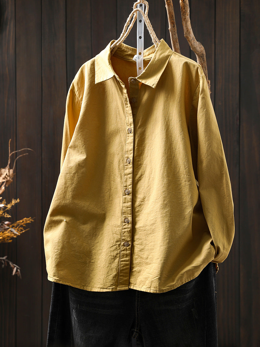 Women Summer Pure Color Turn-down Collar 100%Cotton Shirt