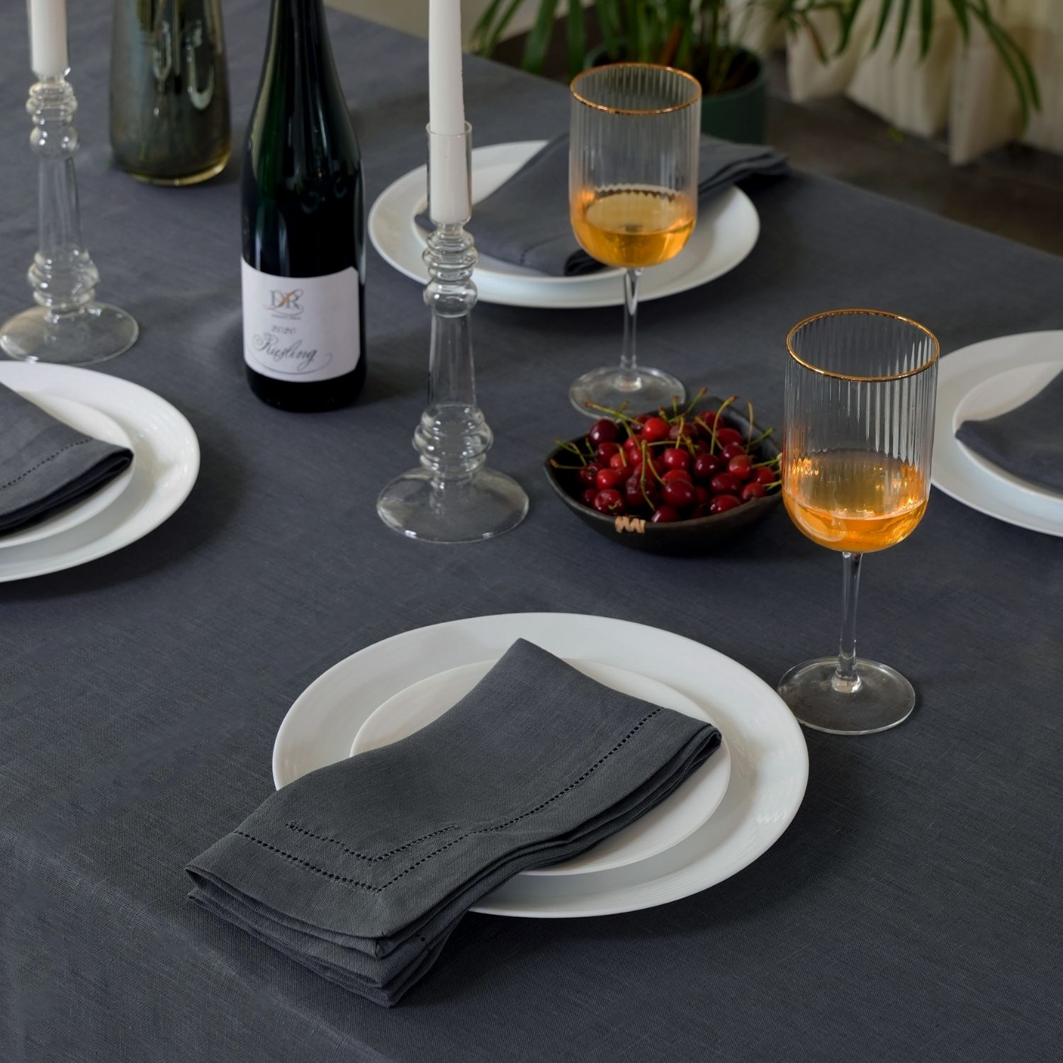 Charcoal Gray 100% Linen Incomplete Hemstitch Napkins