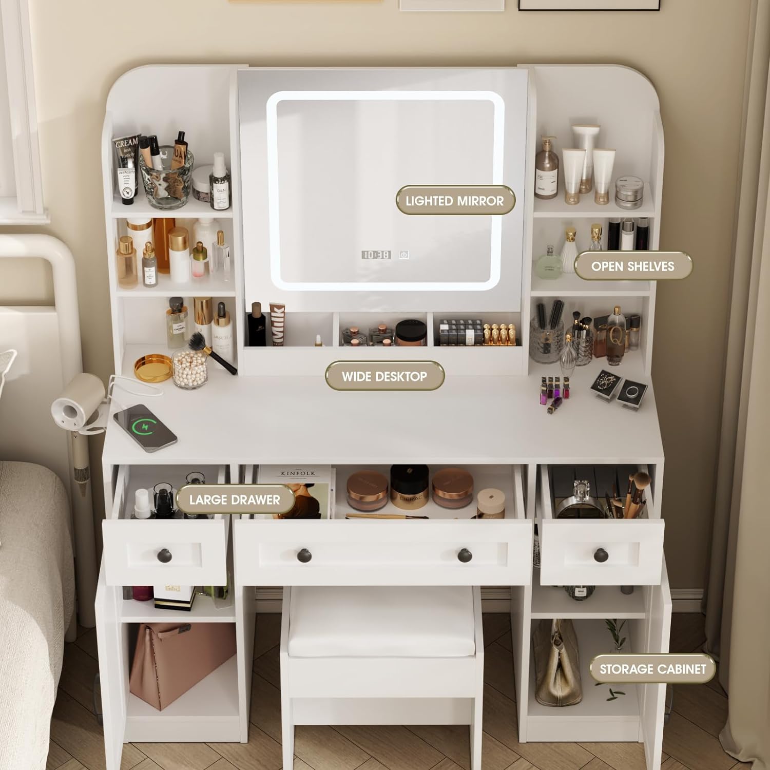 Vanity Table White Makeup Vanity Desk with Large Storage Drawers and Shelves