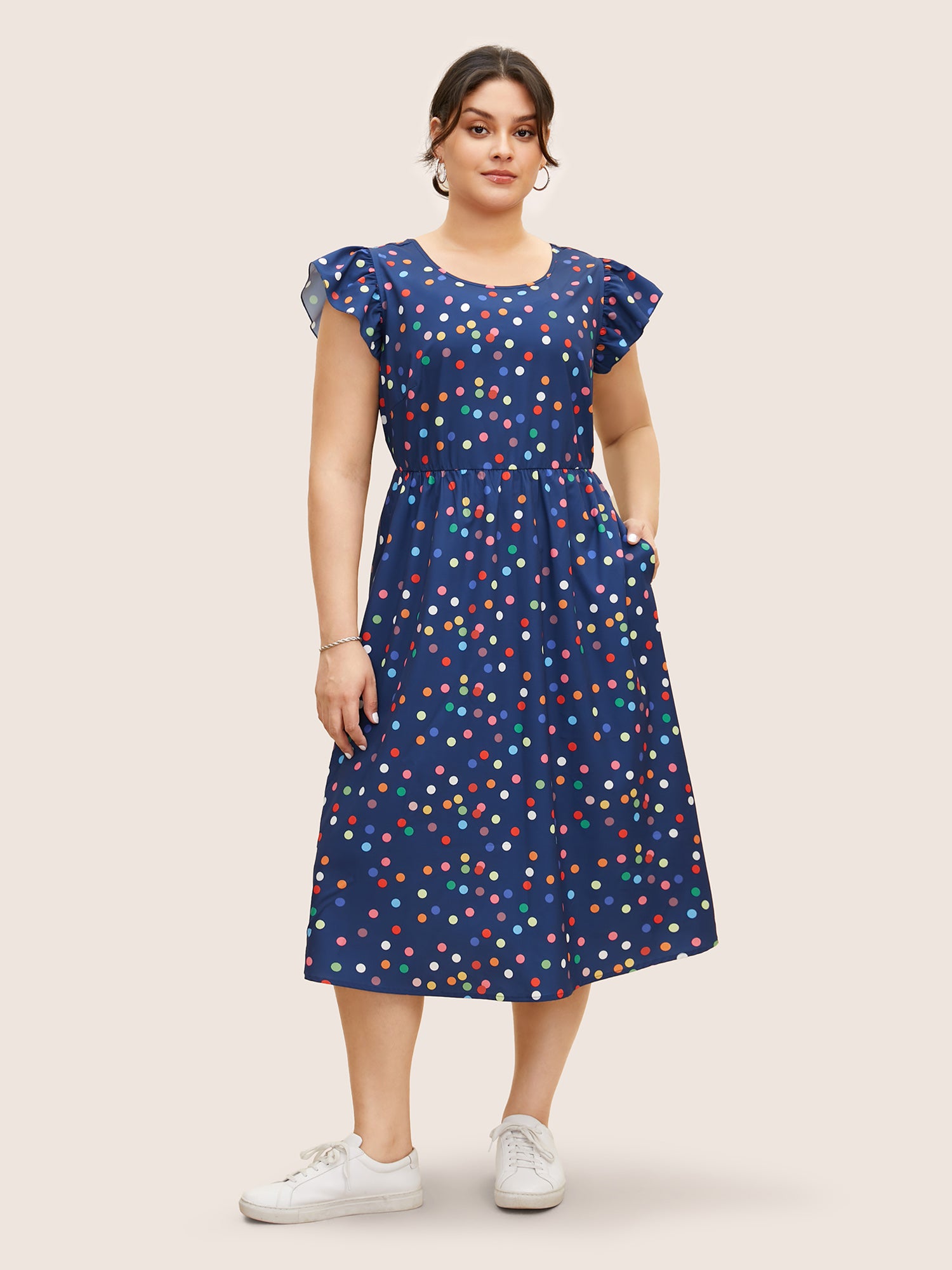 Colored Polka Dot Tie Knot Ruffle Cap Sleeve Dress