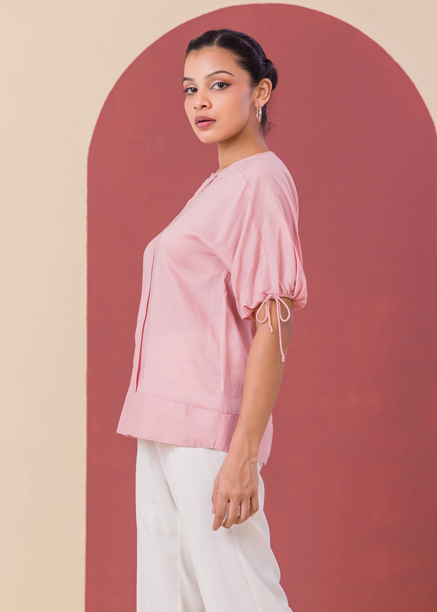 Puff Sleeve Blouse With Front Pleat