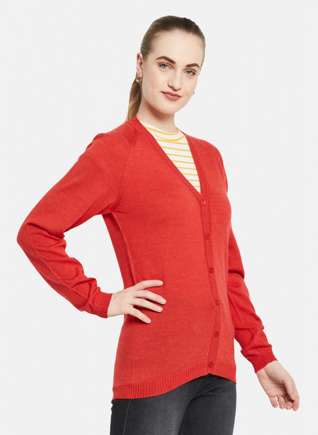 Women Red Solid Cardigan