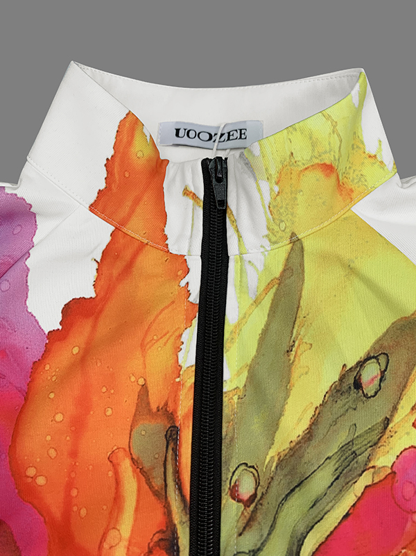 Loose Puff Sleeves Asymmetric Floral Printed Split-Joint High Neck Outerwear
