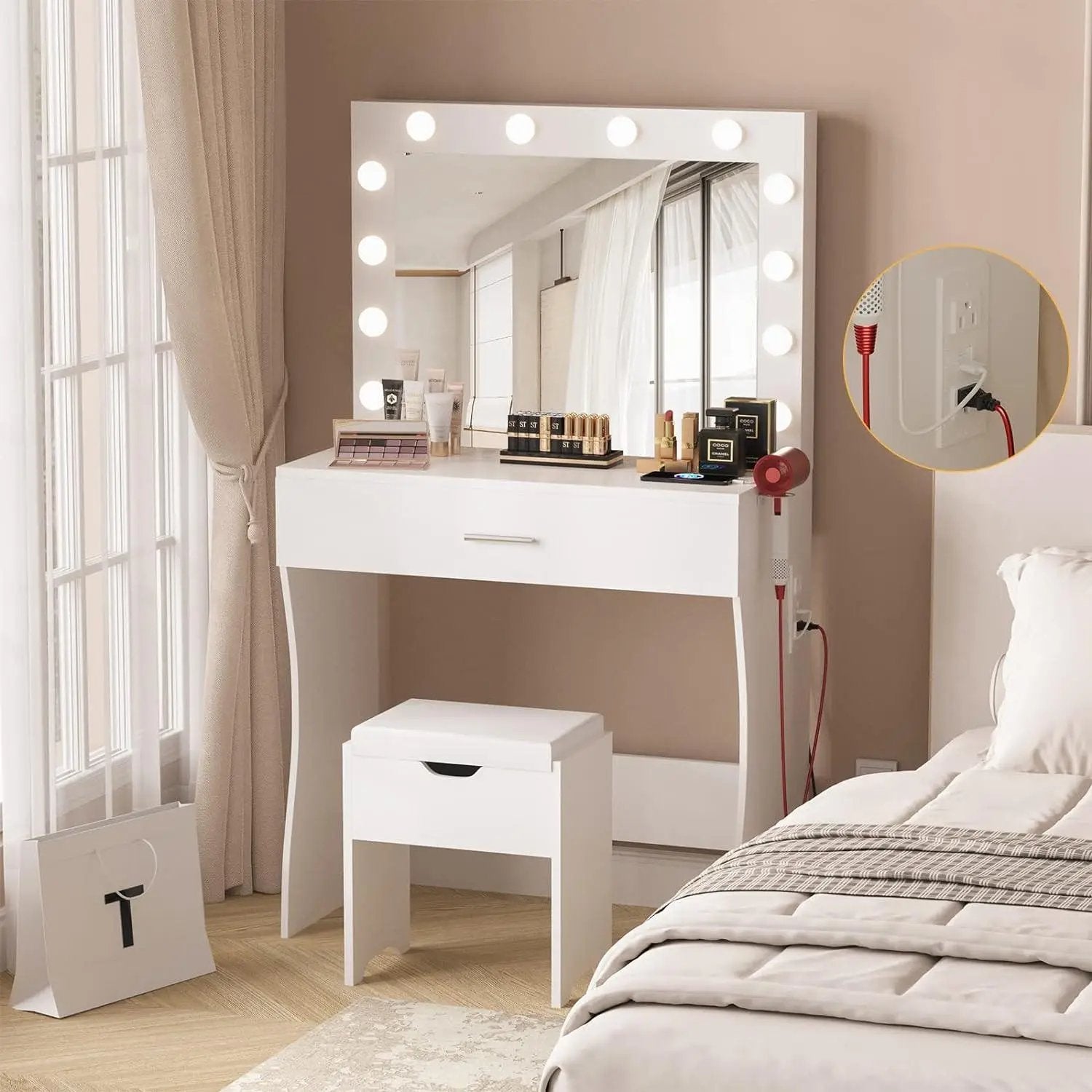 Vanity Table Set with Lighted Mirror - Makeup Vanity with Charging Station