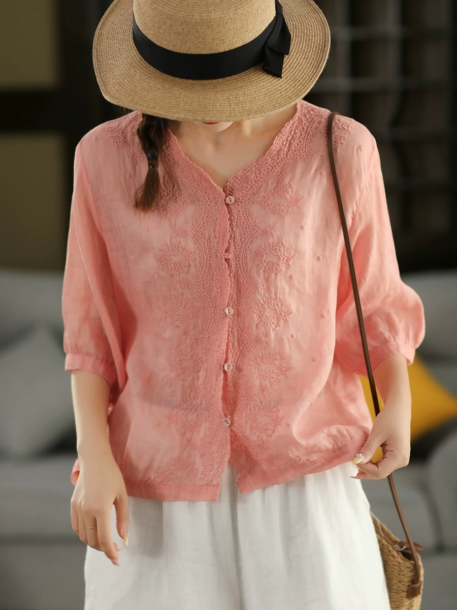 Women Summer Vintage Embroidery V-neck 100%Raime Shirt