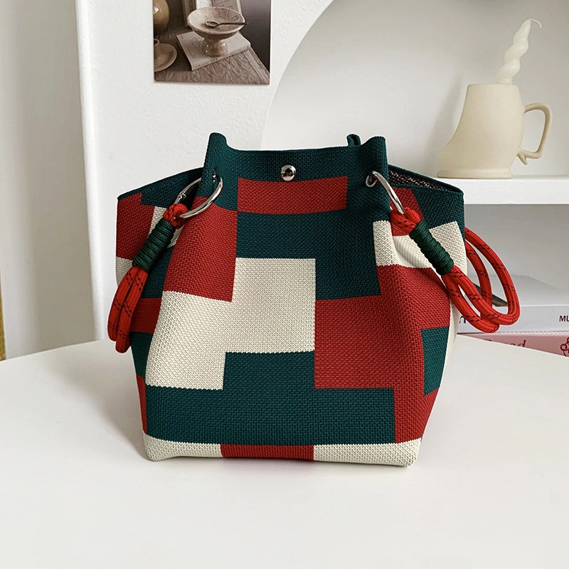 Women's Polyester Plaid Flower Classic Style Bucket Open Handbag
