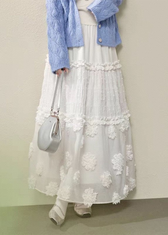 Brief White Ruffled Patchwork Elastic Waist Maxi Skirt