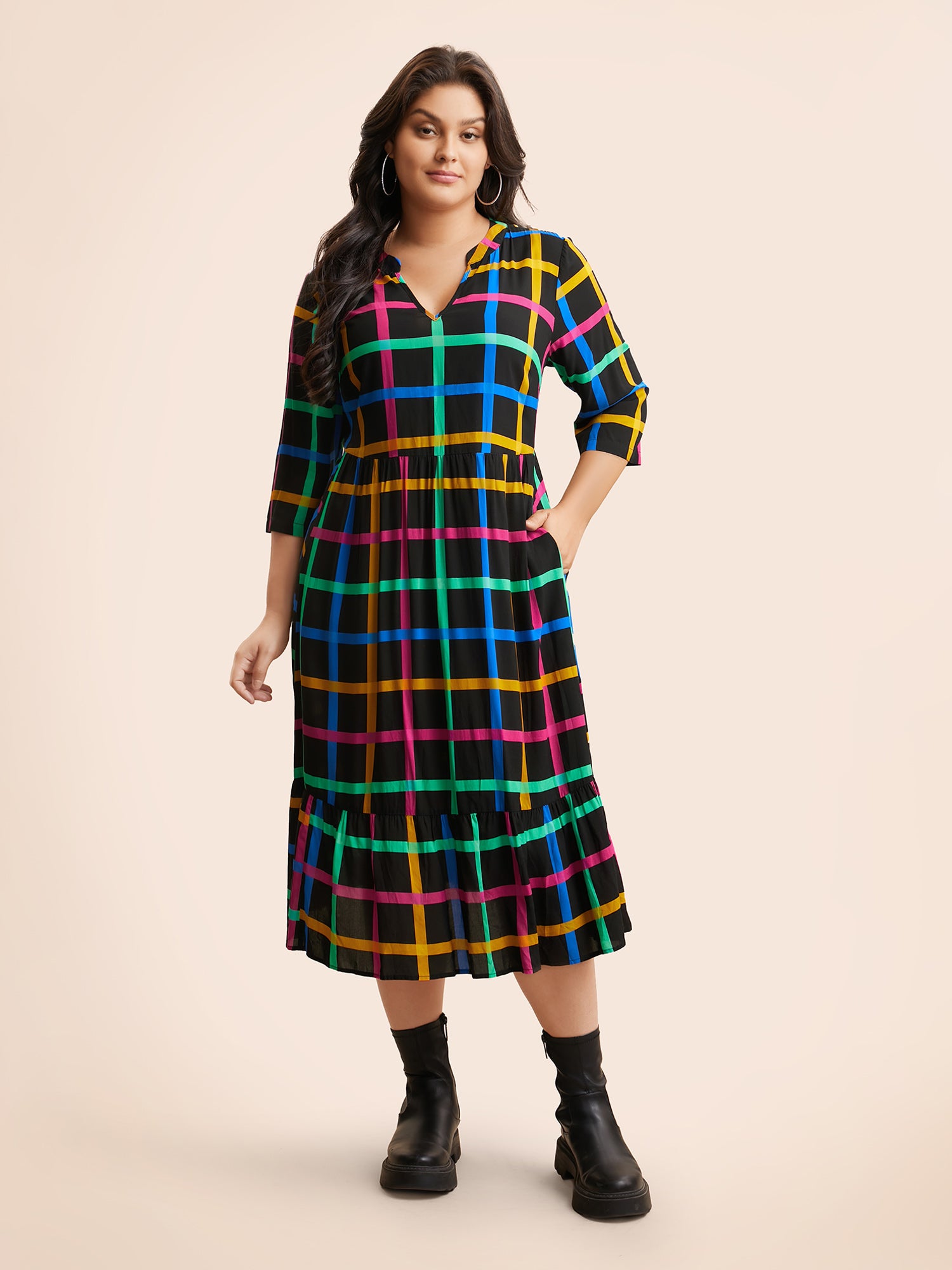 Plaid Notched Ruffle Hem Pocket Dress