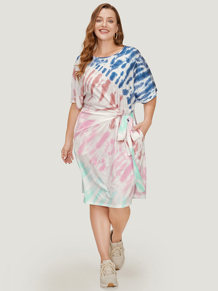 Tie Dye Dolman Sleeve Pocket Knot Side Dress