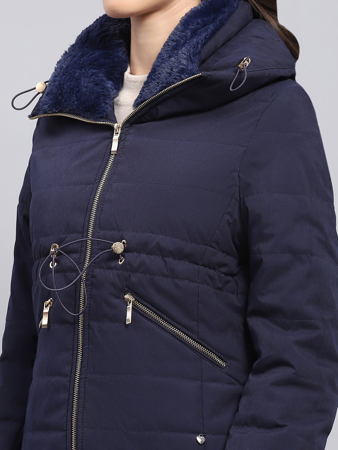 Women Navy Blue Solid Hooded Full Sleeve Jacket