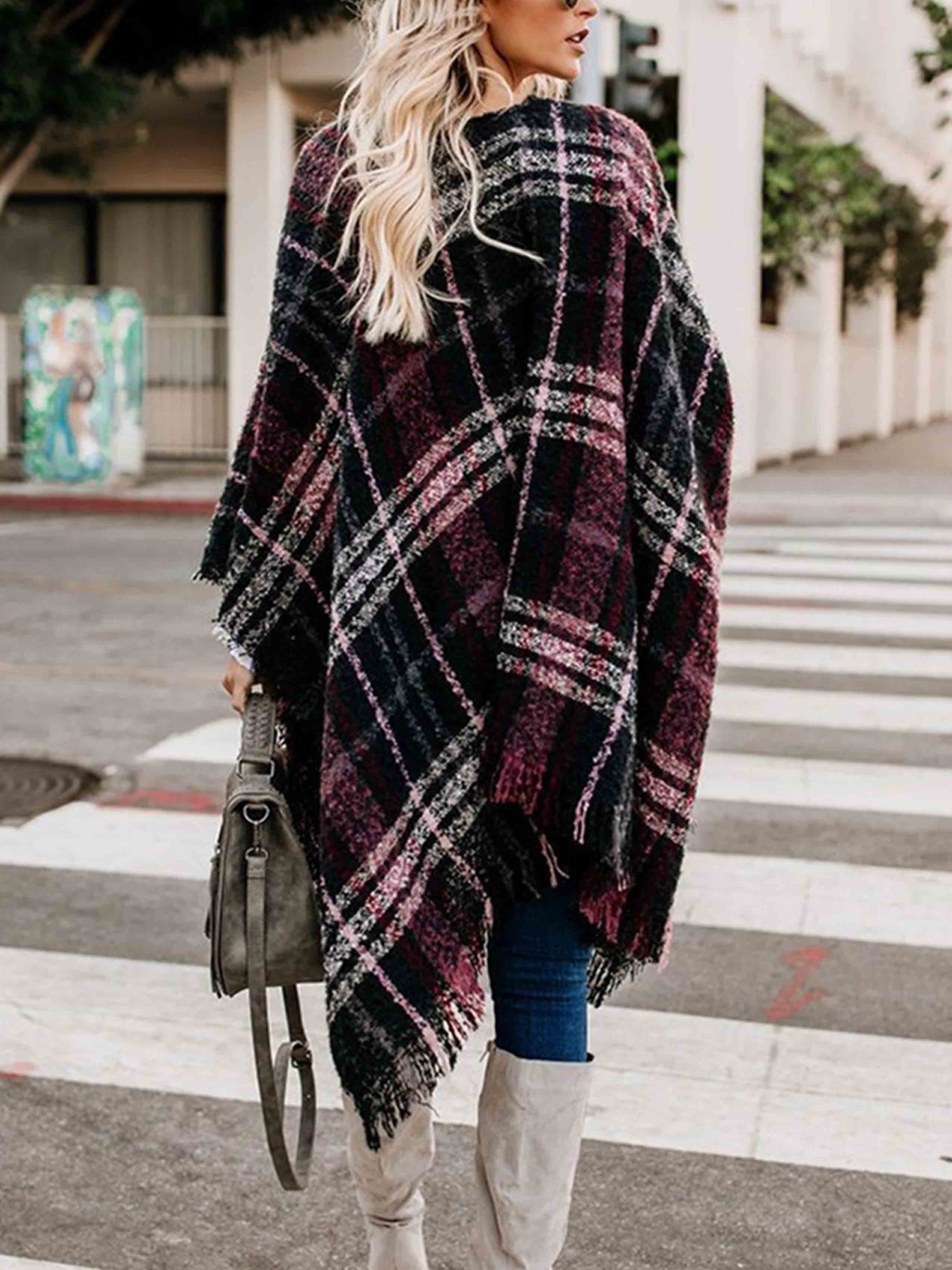 Plaid Fringed Knit Shawl Coat