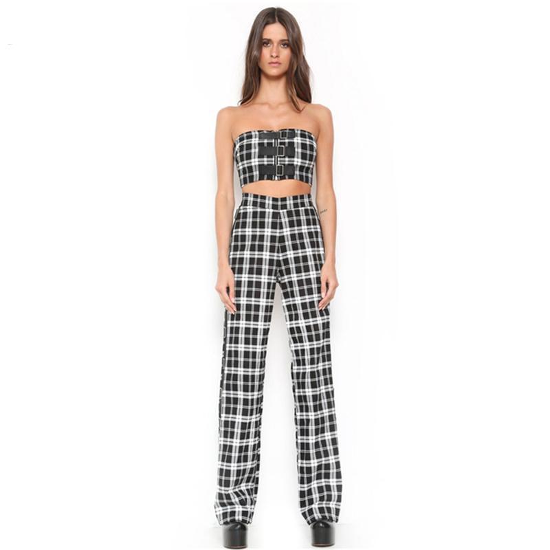 Plaid Two Piece Tube Top Trouser Set