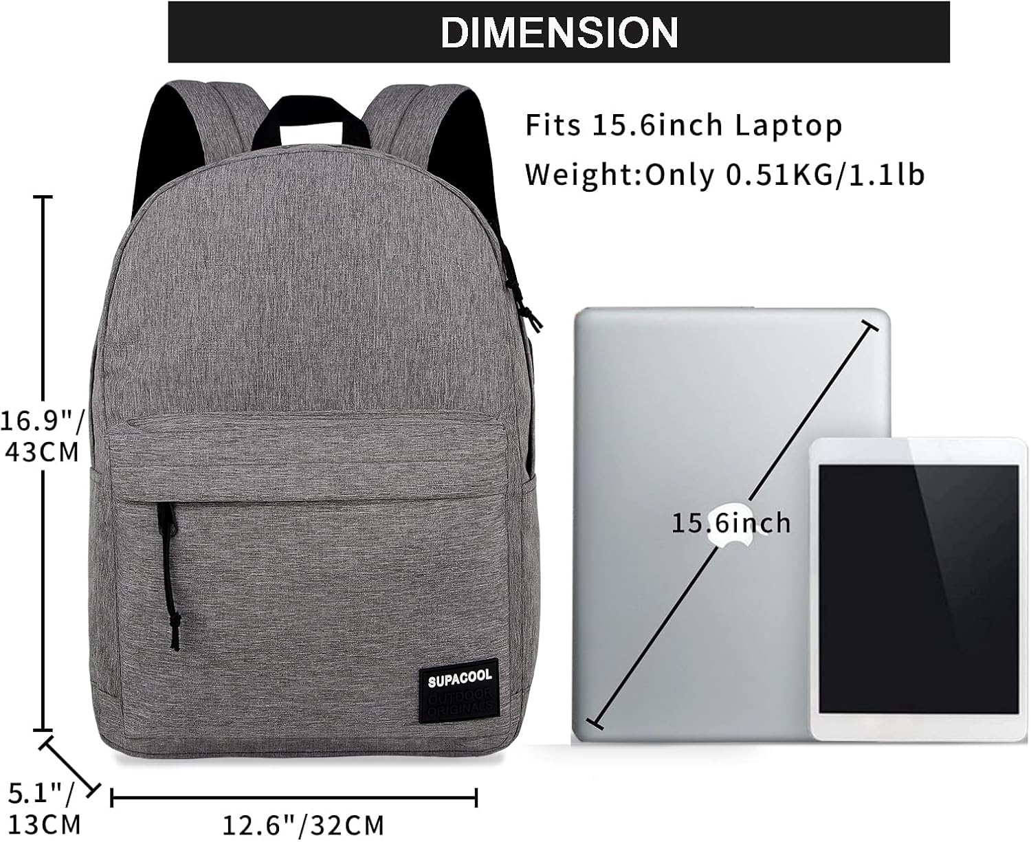 SUPACOOL Casual Laptop Backpack for Men and Women, School Backpack for Boys and Girls, College Bookbag, USB Charging Port, Lightweight Back Pack(Black)