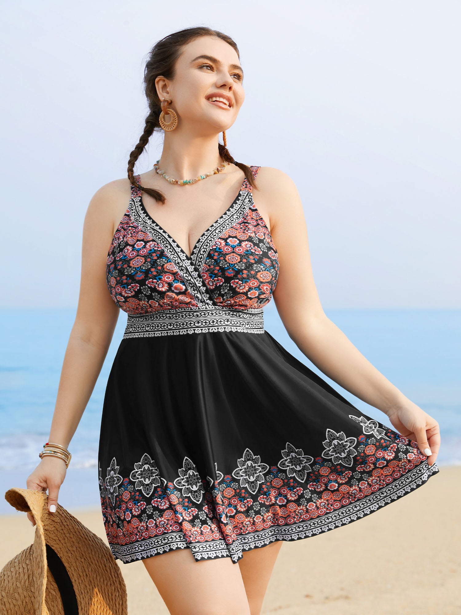 Boho Print Gathered Overlap Collar Swim Dress