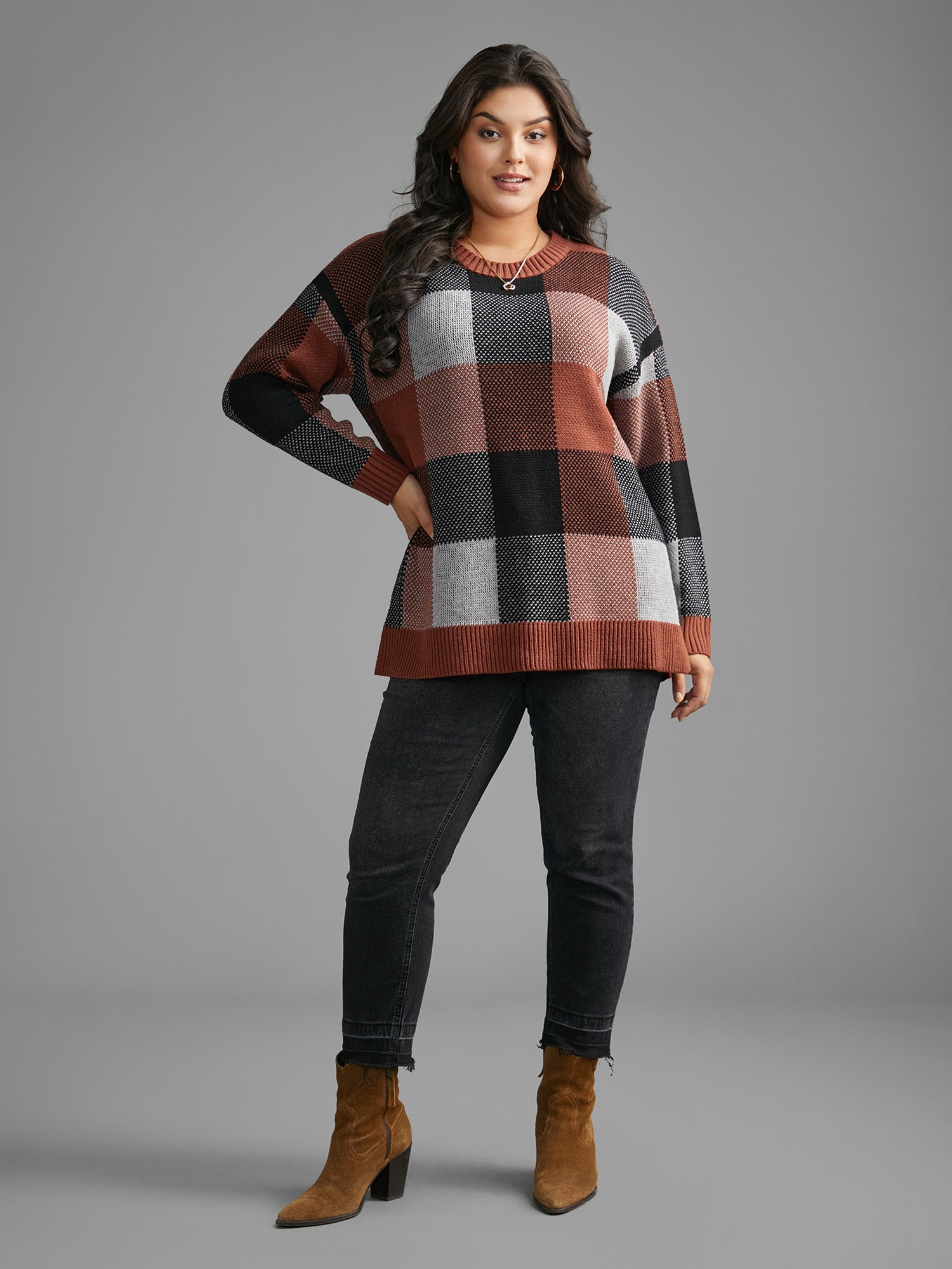 Plaid Contrast Slit Hem Pullover