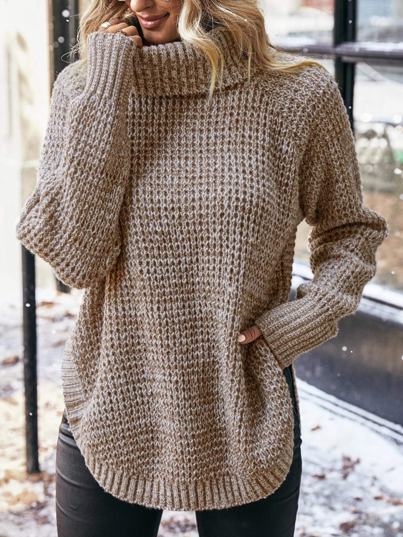 Turtleneck Drop Shoulder Cotton Knit Sweater