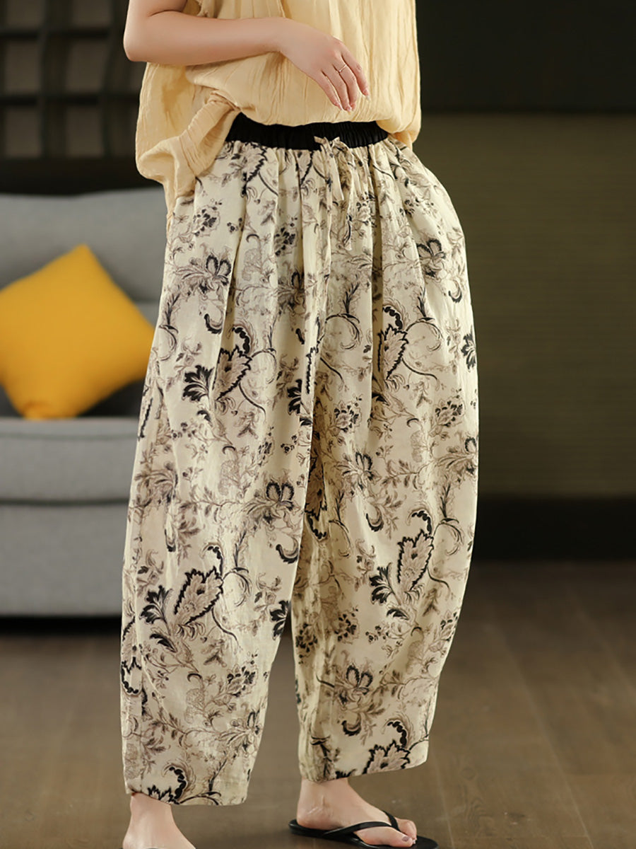 Women Artsy Summer Flower 100%Linen Harem Pants