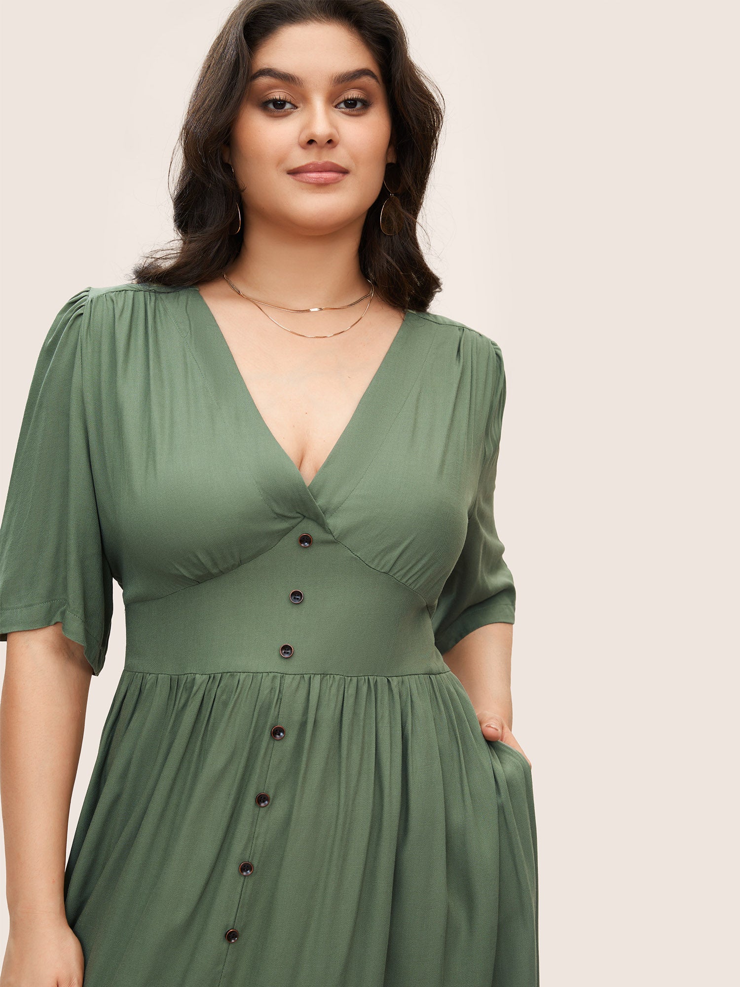 Plunging Neck Button Detail Pocket Maxi Dress