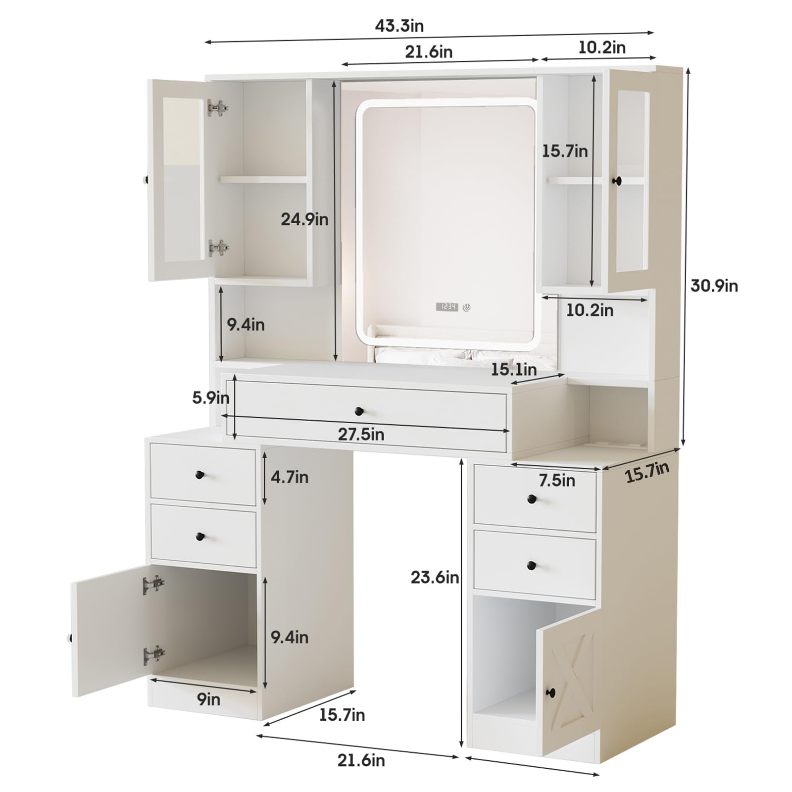 White Makeup Vanity Table Vanity Desk with Mirror and Lights, Power Strip