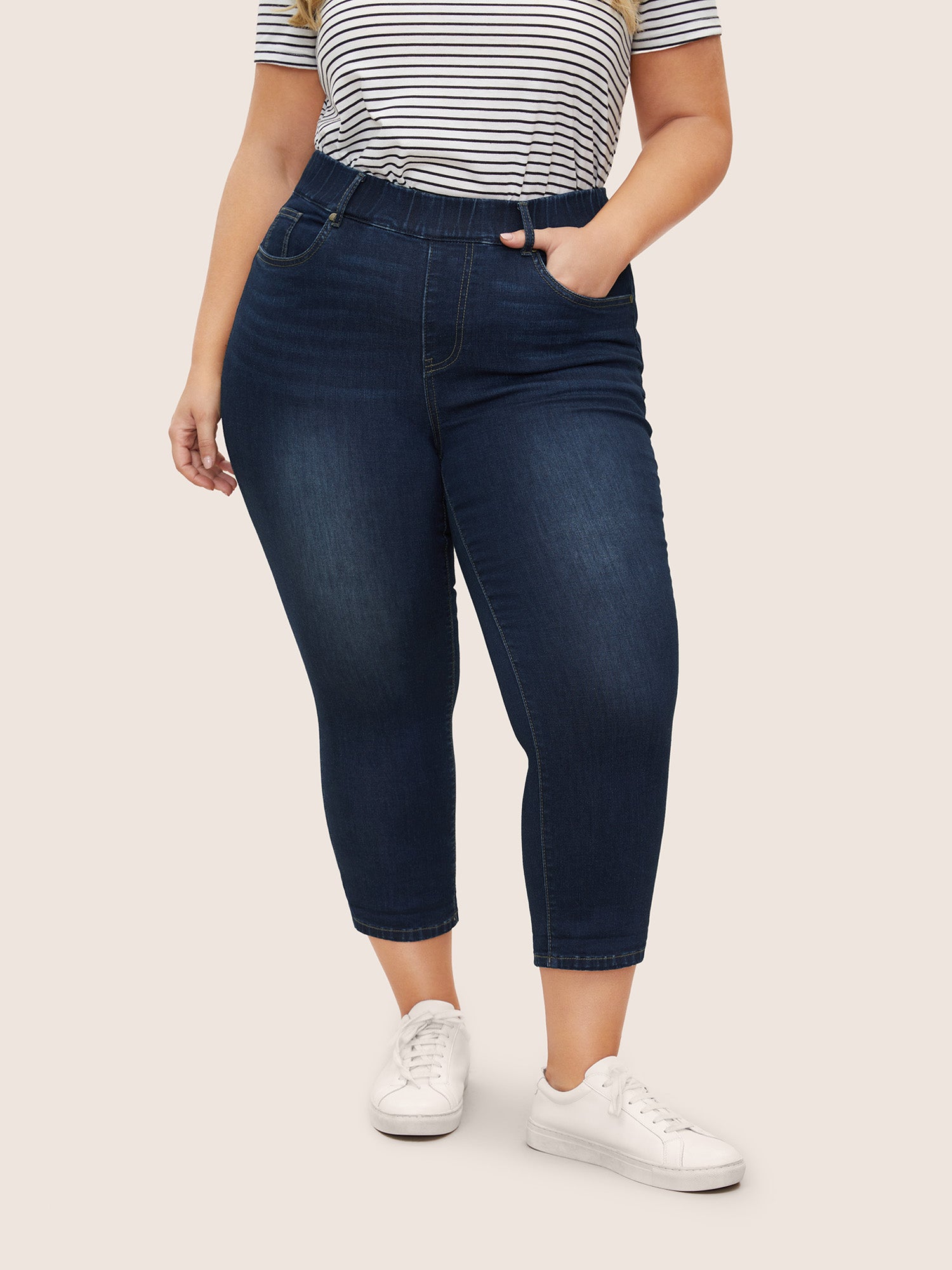 Dark Wash Elastic Waist Roll Hem Jeans