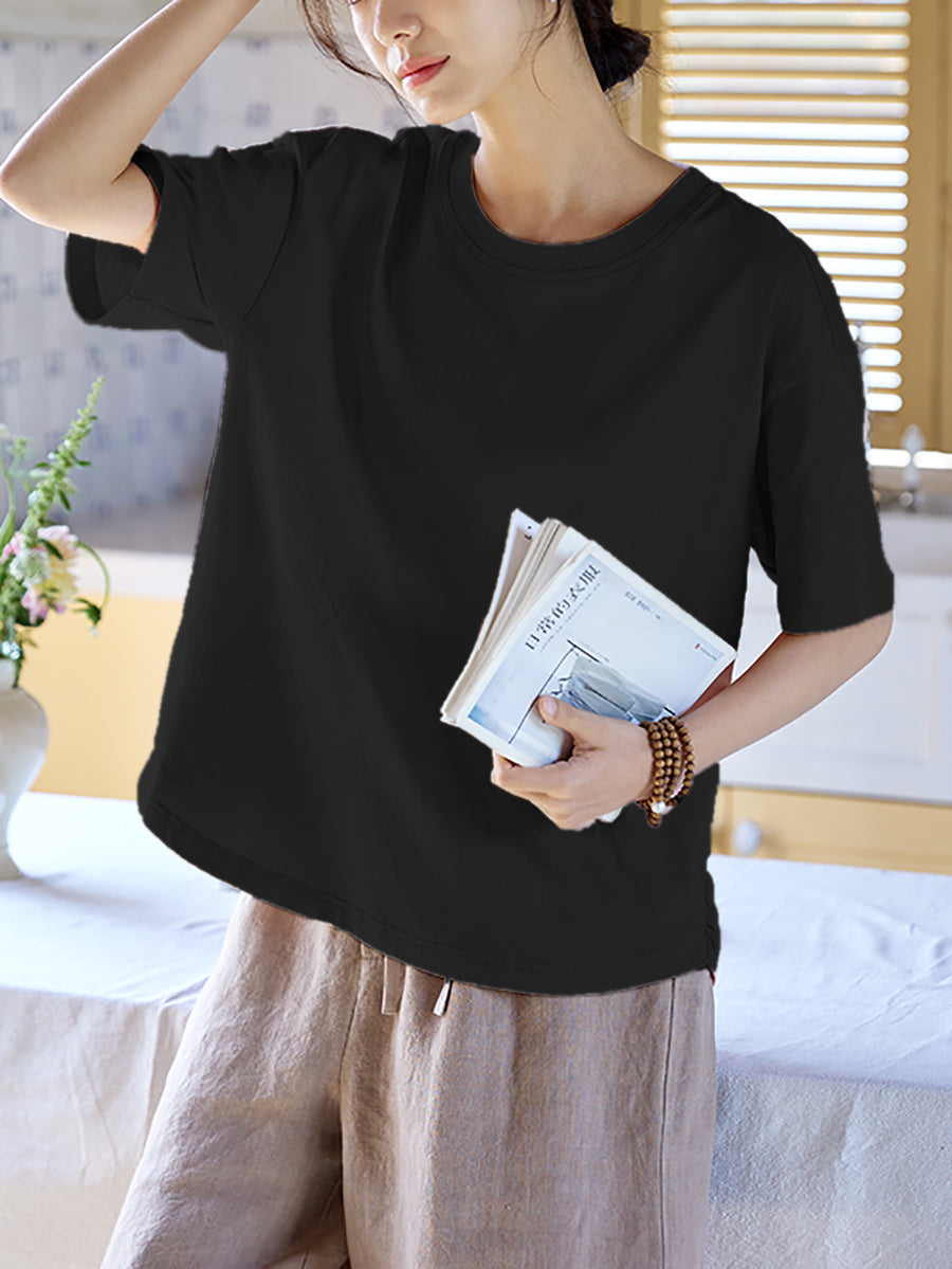 Women Summer Pure Color Cotton Linen Spliced Shirt