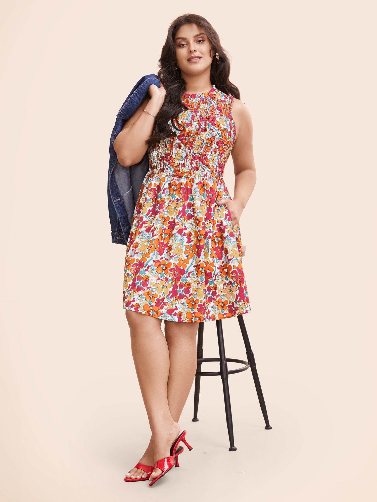 Floral Shirred Frill Trim Tank Dress