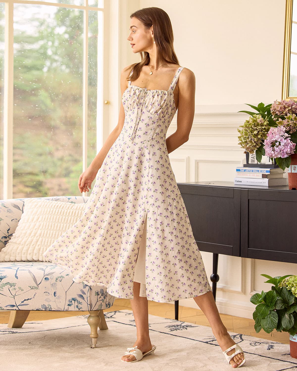 The Beige Ruched Split Hem Floral Midi Dress