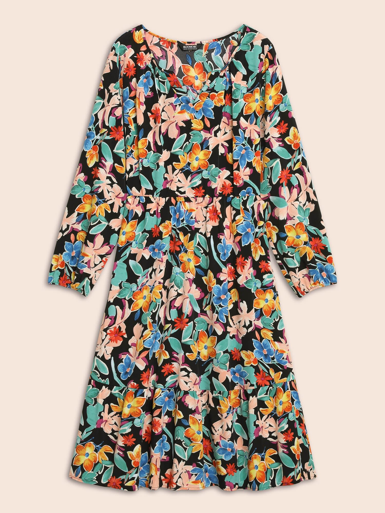 Colored Floral Notched Elastic Waist Midi Dress