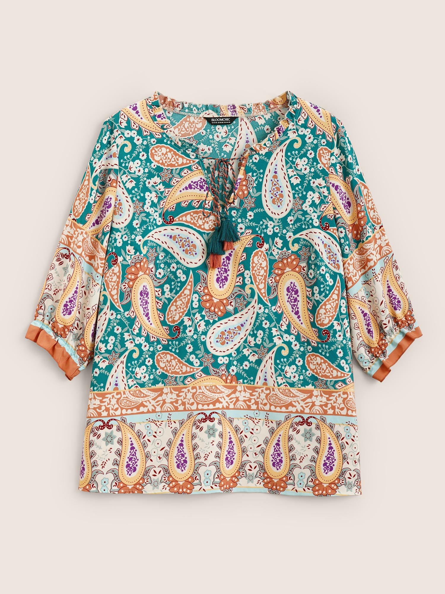 Boho Print Tassels Lantern Sleeve Blouse