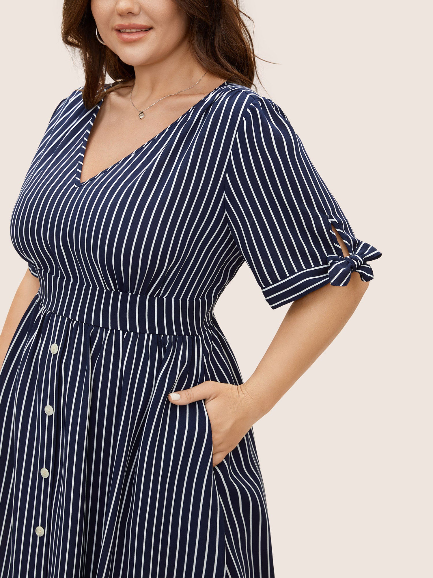 Striped Knot Sleeve Button Detail Dress