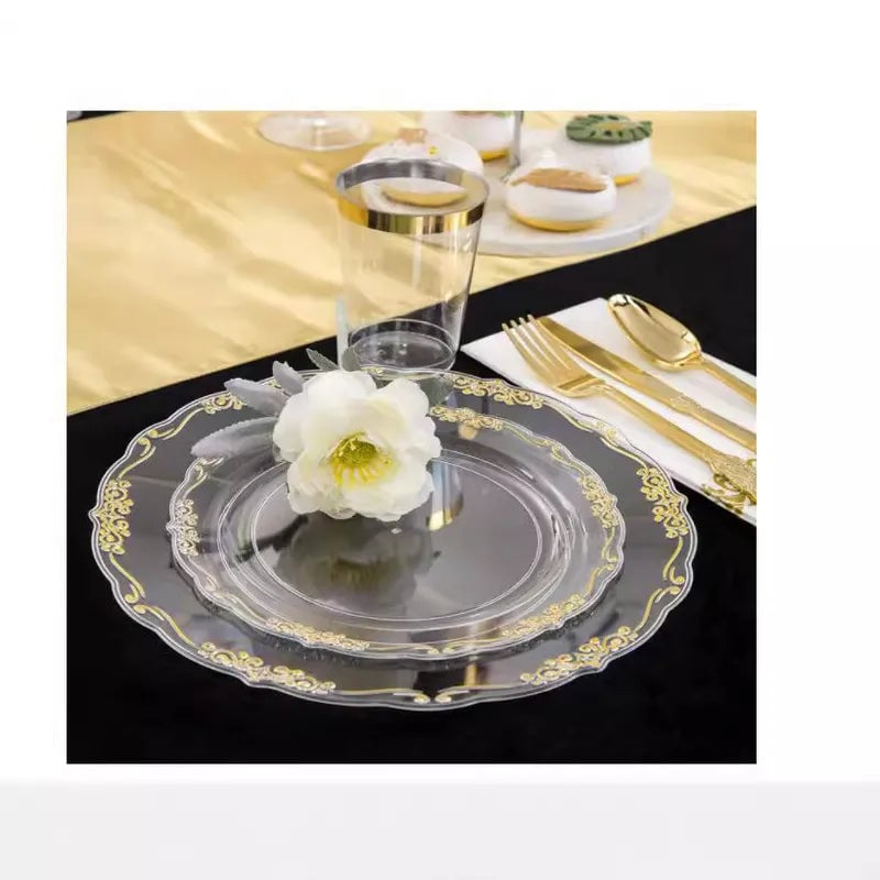7.5-Inch 10.25-Inch Disposable Transparent Golden Edge Plate Plastic Relief Plate Golden Lace Plate Party Tableware