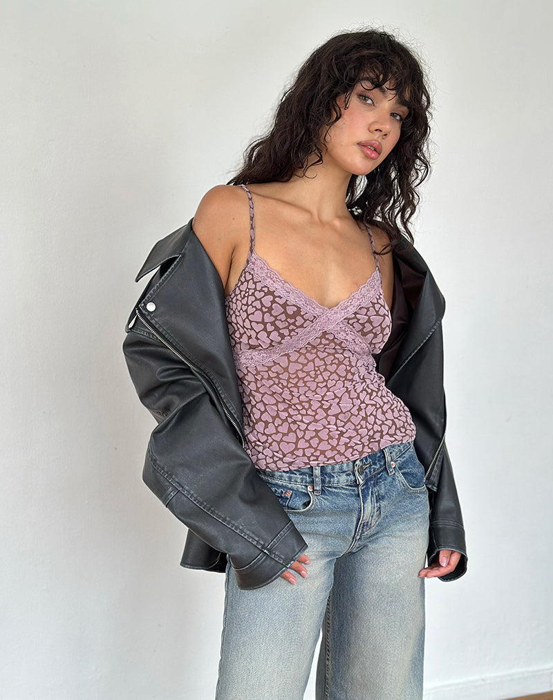 Alcesta Top in Brown Flock Mesh with Pink Heart Print