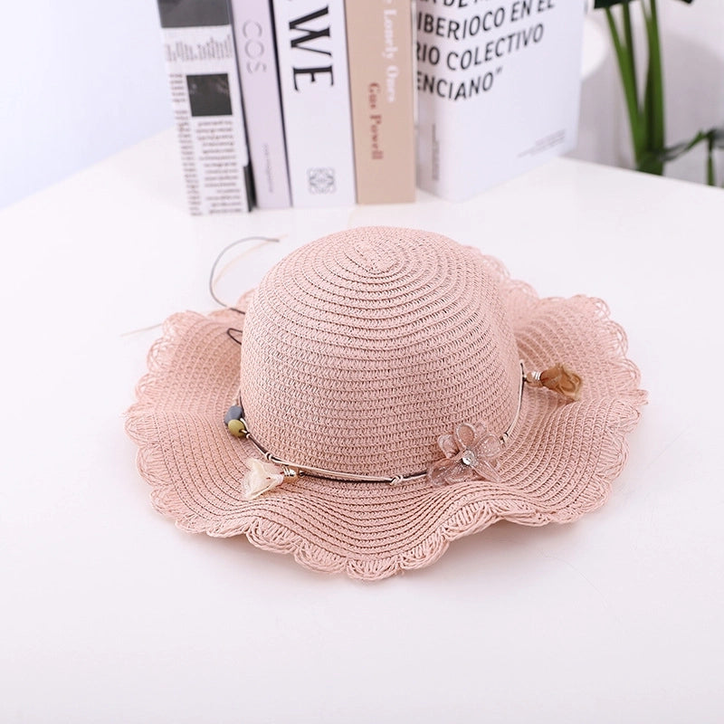 Fashion Flower Decoration Solid Color Children's Summer Beach Hat Sun Hat Straw Hat