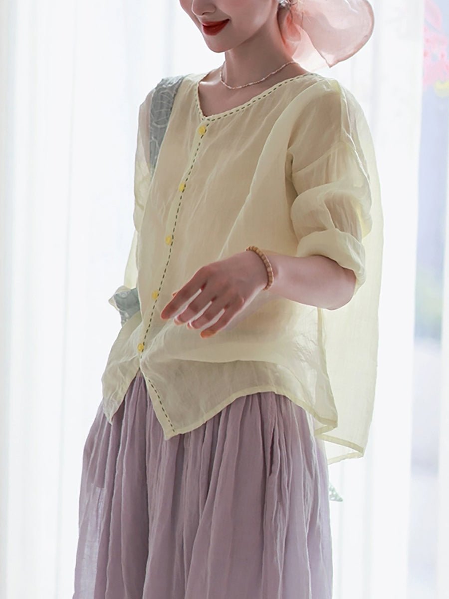 Women Summer Artsy Pure Color O-Neck 100%Ramie Shirt