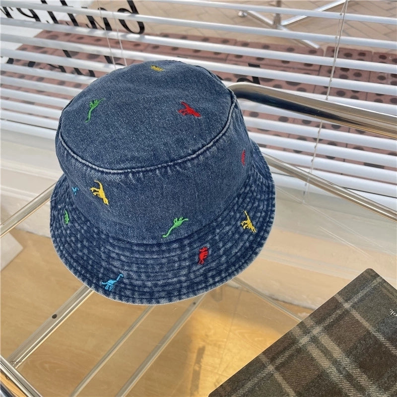 Women's Cute Basic Dinosaur Embroidery Wide Eaves Bucket Hat