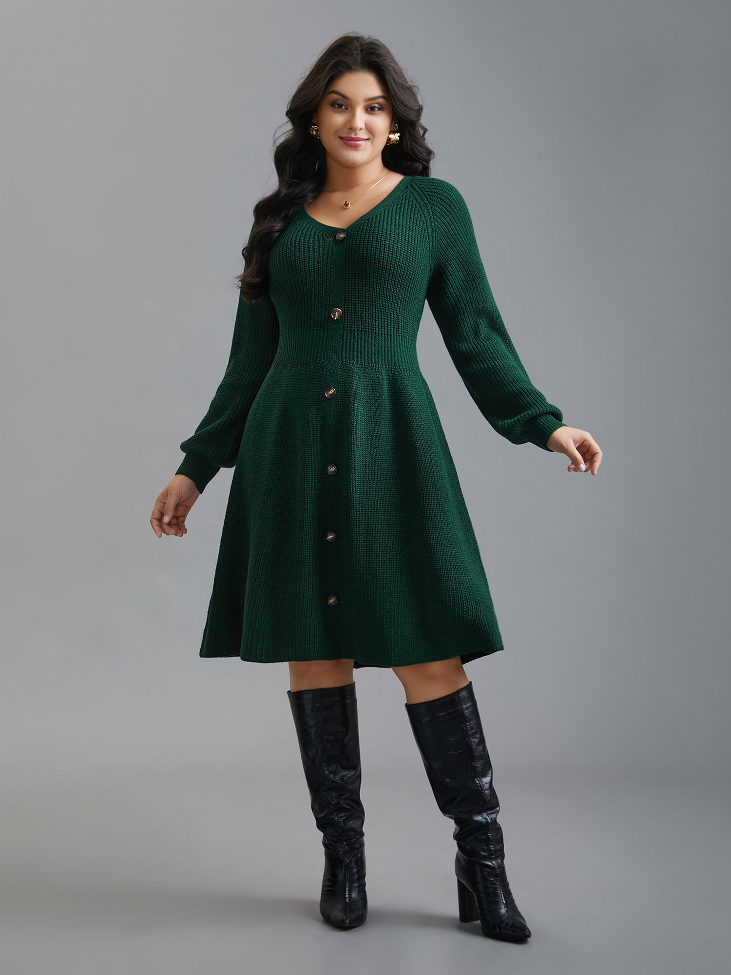 Raglan Sleeve Textured Button Detailing Dress