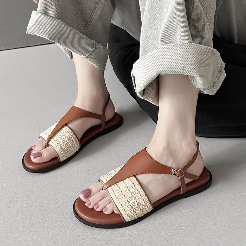 Vintage Style Woven Toe Post T-Straps Slingback Flat Sandals Roman Inspired Summer Shoes in Beige/Brown