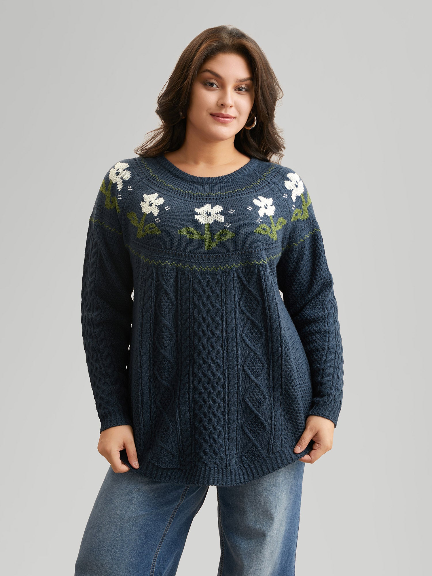 Floral Jacquard Raglan Sleeve Pullover