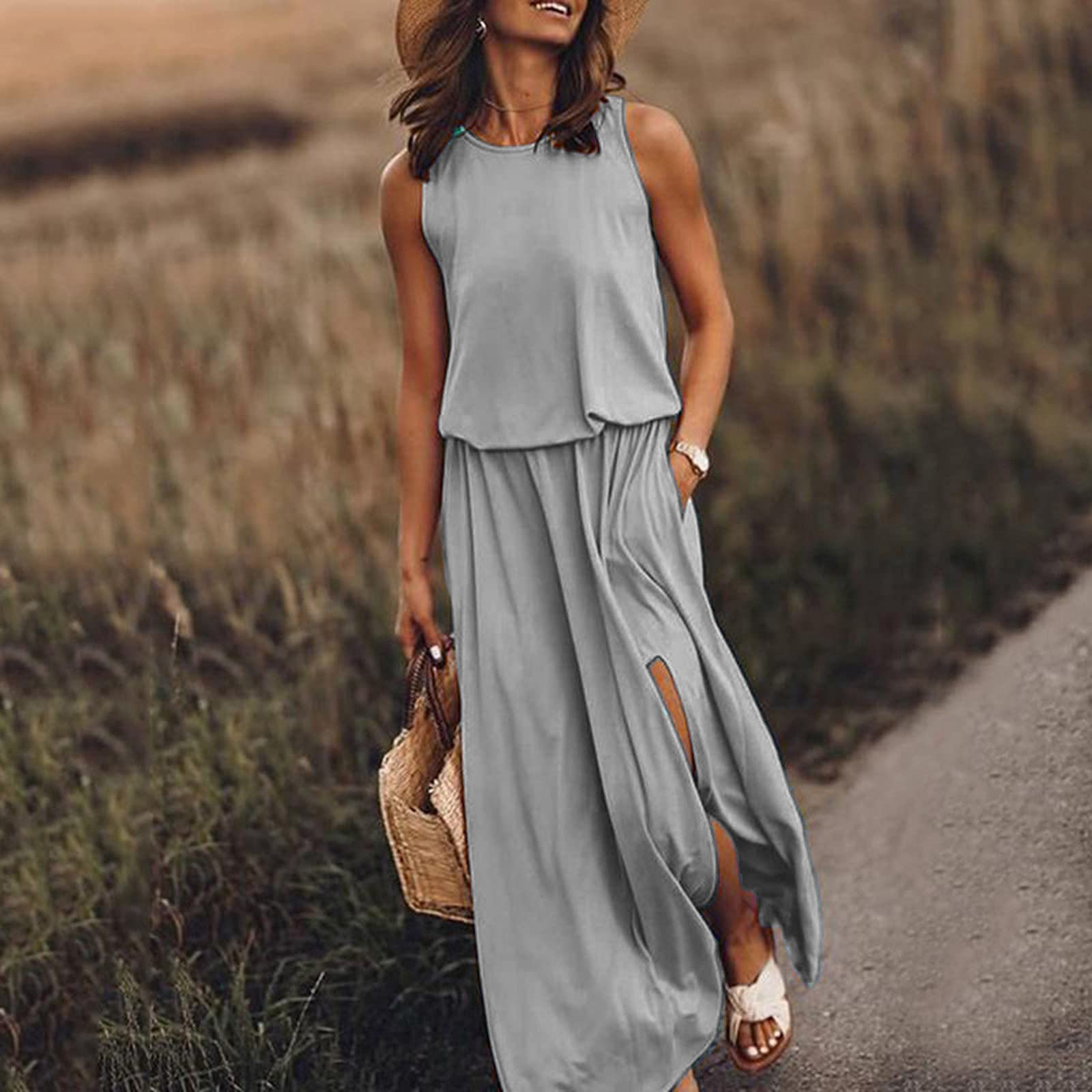 🔥Summer Hot Sales - 49% OFF👗Women Sleeveless Solid Round Neck Summer Maxi Dress