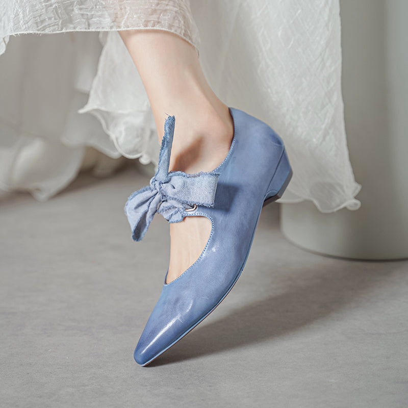 Horse Leather Retro Pointed Toe Ballet Flats Mary Jane Shoes with Bow-Tie Design Black/Blue/Yellow