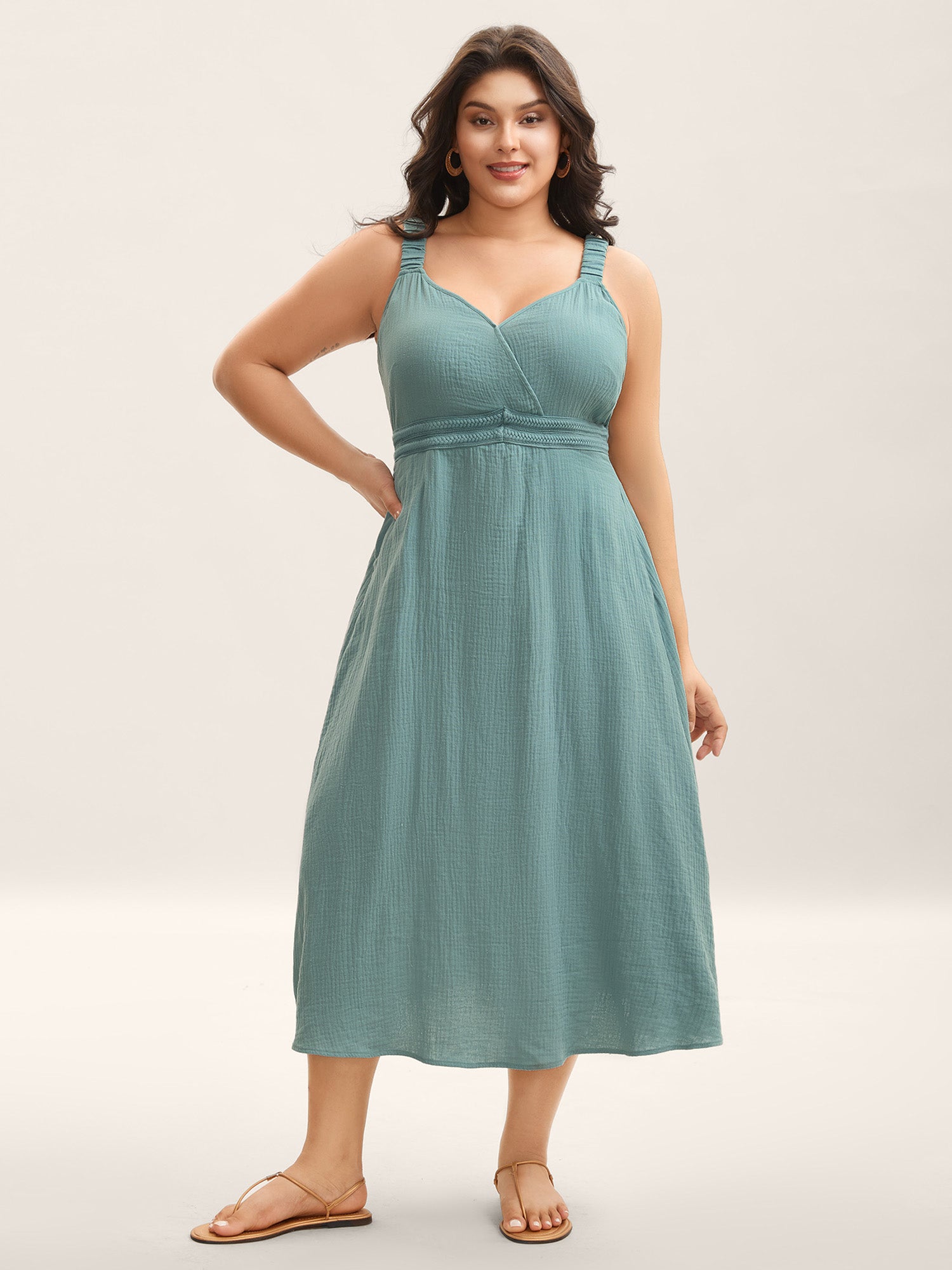 Cotton Textured Cinched-Waist A-Line Midi Dress