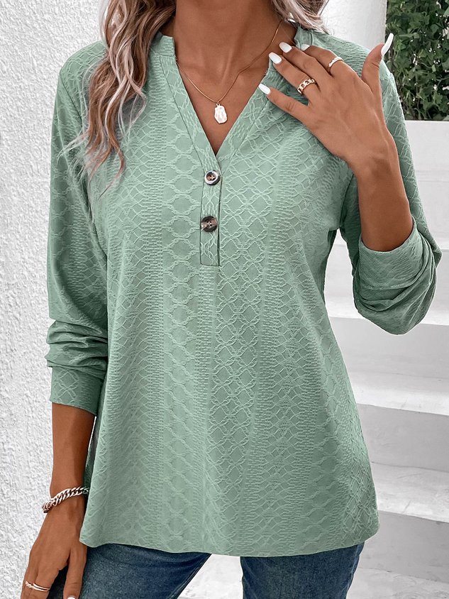 V Neck Long Sleeve Plain Jacquard Regular Medium Elasticity Loose Shirt For Women