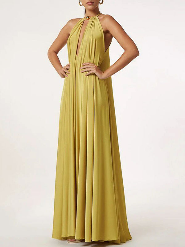 Sleeveless Solid Color Deep V-Neck Maxi Dresses